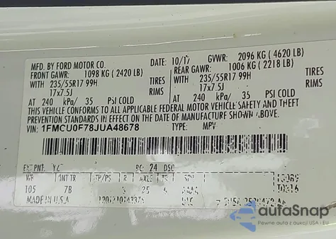 2018 Ford Escape S from USA, damaged, VIN 1FMCU0F78JUA48678